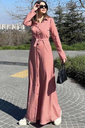 Kadın Pudra Kupra Kumaş, Uzun Kol, Beli Kuşaklı, Vucüda Oturan Kalıp, Uzun Gömlek Elbise