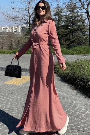 Kadın Pudra Kupra Kumaş, Uzun Kol, Beli Kuşaklı, Vucüda Oturan Kalıp, Uzun Gömlek Elbise