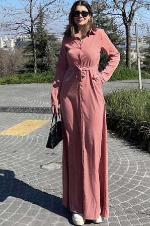 Kadın Pudra Kupra Kumaş, Uzun Kol, Beli Kuşaklı, Vucüda Oturan Kalıp, Uzun Gömlek Elbise