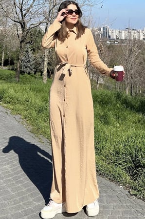 Kadın Bej Kupra Kumaş, Uzun Kol, Beli Kuşaklı, Vucüda Oturan Kalıp, Uzun Gömlek Elbise