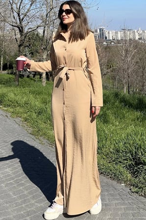 Kadın Bej Kupra Kumaş, Uzun Kol, Beli Kuşaklı, Vucüda Oturan Kalıp, Uzun Gömlek Elbise
