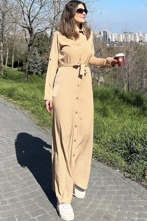 Kadın Bej Kupra Kumaş, Uzun Kol, Beli Kuşaklı, Vucüda Oturan Kalıp, Uzun Gömlek Elbise