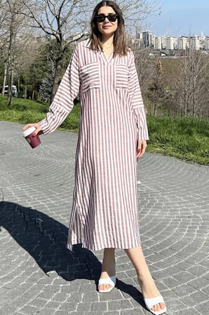 Kadın Bordo Çizgili, Polo Yaka, Yırtmaçlı, Çift Cepli, Salaş Keten Elbise