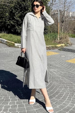 Kadın Haki Çizgili, Polo Yaka, Yırtmaçlı, Çift Cepli, Salaş Keten Elbise