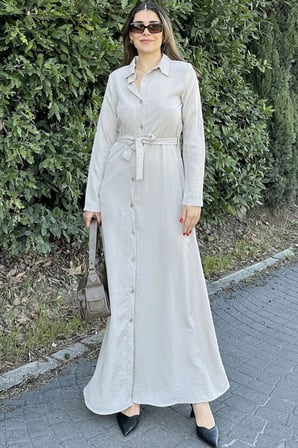 Kadın Bej Kupra Kumaş, Uzun Kol, Beli Kuşaklı, Vucüda Oturan Kalıp, Uzun Gömlek Elbise
