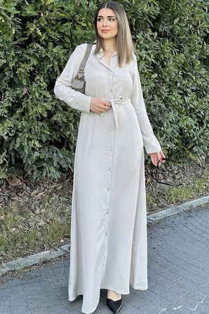 Kadın Bej Kupra Kumaş, Uzun Kol, Beli Kuşaklı, Vucüda Oturan Kalıp, Uzun Gömlek Elbise