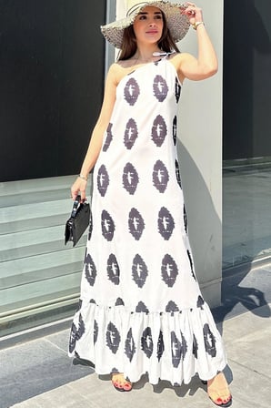 Kadın Ekru Tek Omuz İnce Askılı, Vucuda Oturan Kesim, Eteği Fırfırlı Uzun Mos Krep Elbise