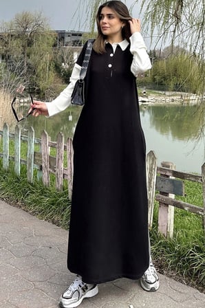 Kadın Siyah Color Block Tasarım, Polo Yaka, A Kesim, Uzun Salaş Elbise