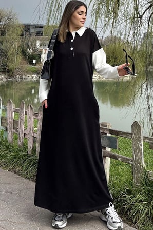 Kadın Siyah Color Block Tasarım, Polo Yaka, A Kesim, Uzun Salaş Elbise