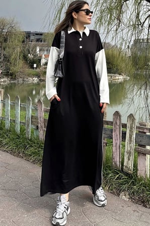 Kadın Siyah Color Block Tasarım, Polo Yaka, A Kesim, Uzun Salaş Elbise
