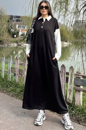 Kadın Siyah Color Block Tasarım, Polo Yaka, A Kesim, Uzun Salaş Elbise
