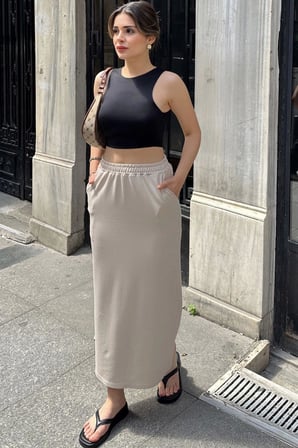 Kadın Bej Beli Lastikli, Rahat Kalıp, Cepli Uzun Etek