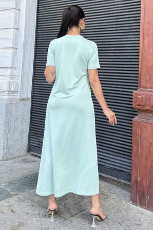 Kadın Mint Kısa Kol, Bisiklet Yaka, Omzu Düğmeli, Çift Yırtmaçlı, Basic Uzun Elbise