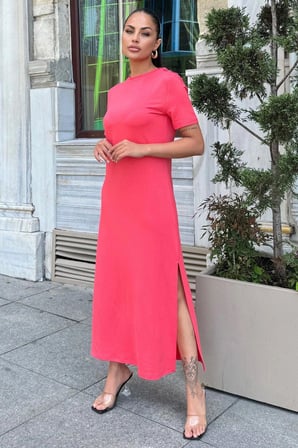 Kadın Mercan Kısa Kol, Bisiklet Yaka, Omzu Düğmeli, Çift Yırtmaçlı, Basic Uzun Elbise