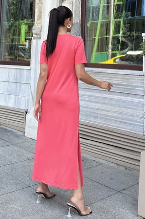Kadın Mercan Kısa Kol, Bisiklet Yaka, Omzu Düğmeli, Çift Yırtmaçlı, Basic Uzun Elbise