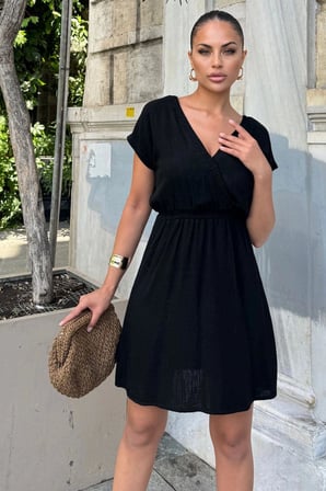 Kadın Siyah Sırt Dekolteli, Kruvaze Yaka, Beli Lastikli, Kısa Kollu, Rahat Midi Keten Elbise