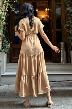 Camel Pliseli Cepli Maxi Kupra Elbise
