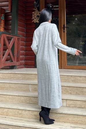 Gri Polo Yaka, Uzun Kol, Yırtmaçlı, Salaş, Akrilik Örme Uzun Elbise