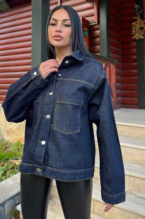 Lacivert Denim Color, Apaş Yaka, Çift Cepli, Kaliteli Jeans Kumaş, Salaş Kot Ceket