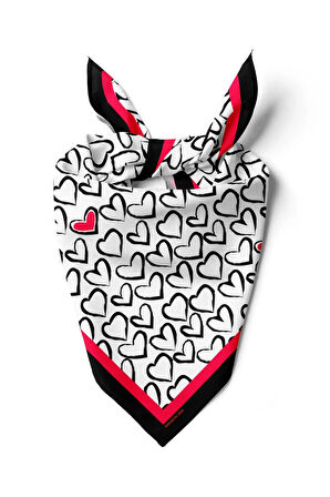 B57 Kadın Kırmızı Beyaz Sİyah Heart Desenli 50x50 Bandana