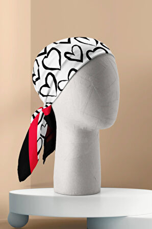 B57 Kadın Kırmızı Beyaz Sİyah Heart Desenli 50x50 Bandana