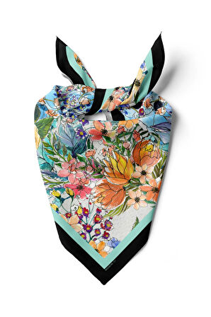 F43 Kadın Su Yeşili Siyah Jardin Desenli 50x50 Bandana HYL DG01111-22