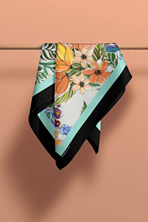 F43 Kadın Su Yeşili Siyah Jardin Desenli 50x50 Bandana HYL DG01111-22
