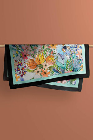 F43 Kadın Su Yeşili Siyah Jardin Desenli 50x50 Bandana HYL DG01111-22