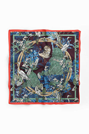 Kadın Beyaz Mat Yeşil Leylek  Desenli 50x50 Bandana HYL DG01132-22