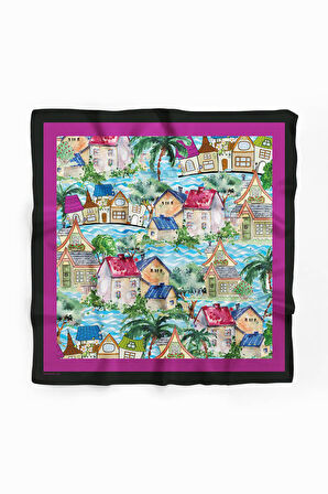 D61 Kadın Mor Açık Mavi Casa Desenli 50x50 Bandana HYL DG01150-22