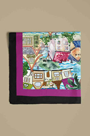 D61 Kadın Mor Açık Mavi Casa Desenli 50x50 Bandana HYL DG01150-22