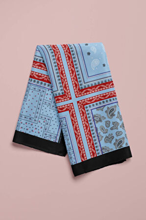 D66 Kadın Mavi Kare Desenli 50x50 Bandana HYL DG01218-22