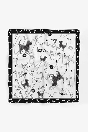 B104 Kara Kalem Desenli 45x45 Siyah Beyaz Köpek Bandanası DG5464
