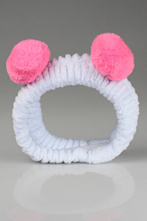 Açık Mavi Pembe Ponponlu Peluş Bandana Makyaj Spa Saç Bandı