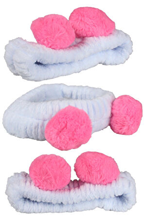 Açık Mavi Pembe Ponponlu Peluş Bandana Makyaj Spa Saç Bandı
