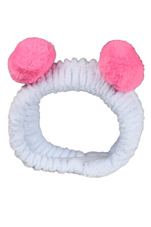 Açık Mavi Pembe Ponponlu Peluş Bandana Makyaj Spa Saç Bandı