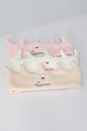 Queen Taç Peluş Bandana Makyaj Spa Saç Bandı Pembe