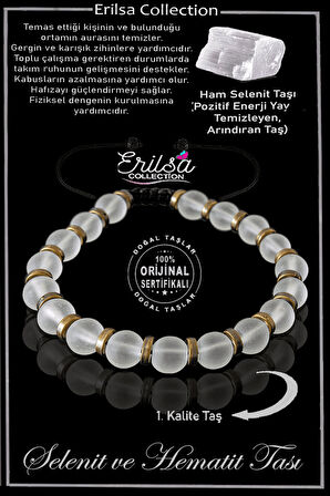 Sertifikalı Gerçek Hematit - Selenit Taşı Bileklik - Ayarlamalı