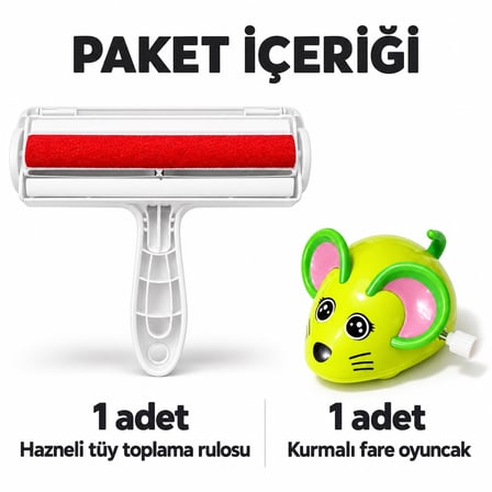 Busstier Evcil Hayvan Ev Temizliği ve Oyun Seti: Hazneli Tüy Toplama Rulosu + Kurmalı Fare Oyuncak