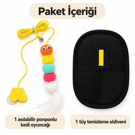 Busstier Ponpon Peşinde – Asılı Kedi Oltası ve Kumaş Tüy Temizleyici Seti