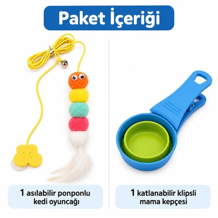 Busstier Pati Pikniği – Asılı Kedi Oltası ve Klipsli Mama Kepçesi Seti