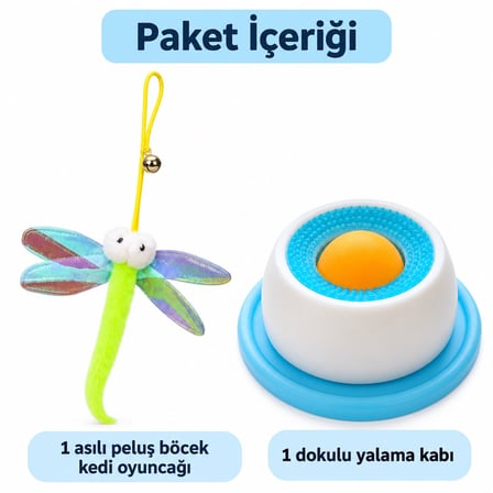 Busstier Pati Şenliği – Asılı Böcek Kedi Oyuncağı ve Dokulu Yalama Kabı Seti