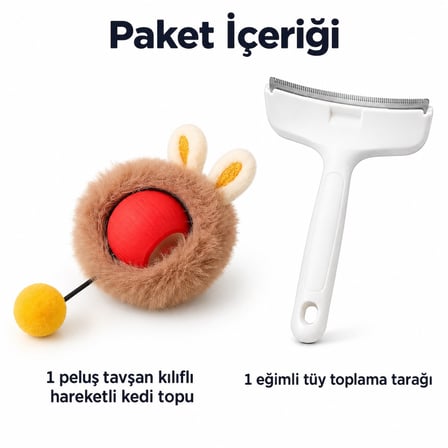 Busstier Peluş Rutin – Peluş Tavşan Kedi Oyuncağı ve Evcil Hayvan Tarağı Seti