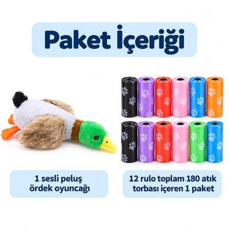 Busstier Ördek Gezintisi – Peluş Ördek Köpek Oyuncağı ve Köpek Atık Torbaları Seti