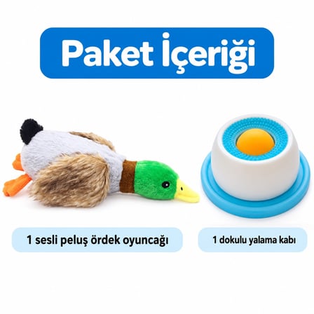 Busstier Ördek Sofrası – Peluş Ördek Köpek Oyuncağı ve Dokulu Yalama Kabı Seti