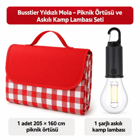 Busstier Yıldızlı Mola – Piknik Örtüsü ve Askılı Kamp Lambası Seti