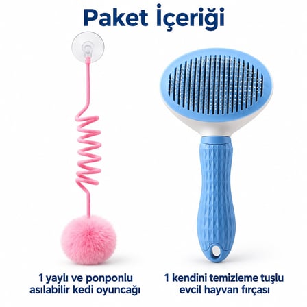 Busstier Spiral Evreni – Yaylı Asılabilir Kedi Oyuncağı ve Tarak Seti