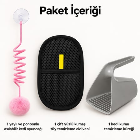 Busstier Spiral Adası – Yaylı Asılabilir Kedi Oyuncağı ve Tüy Temizleyici, Kum Küreği Seti