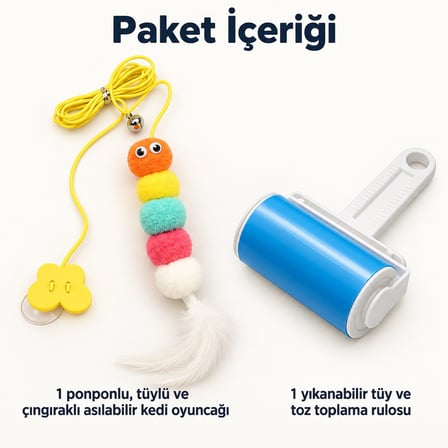 Busstier Mırmır Bahçesi – Asılı Ponponlu Kedi Oltası ve Tüy Temizleyici Seti