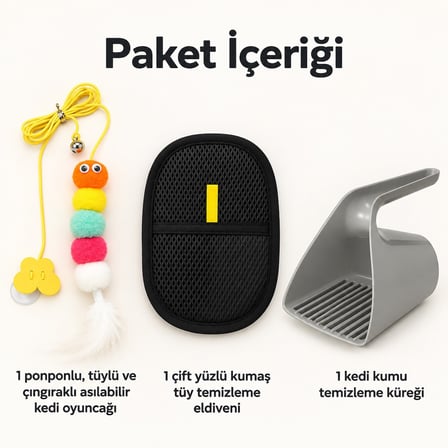 Busstier Mırmır Adası – Asılı Ponponlu Kedi Oltası ve Tüy Temizleyici, Kum Küreği Seti